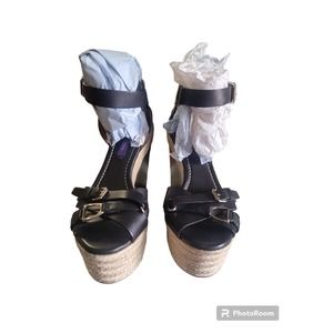 Ralph Lauren black leather Espadrille sole wedge Ankle strap Sandals